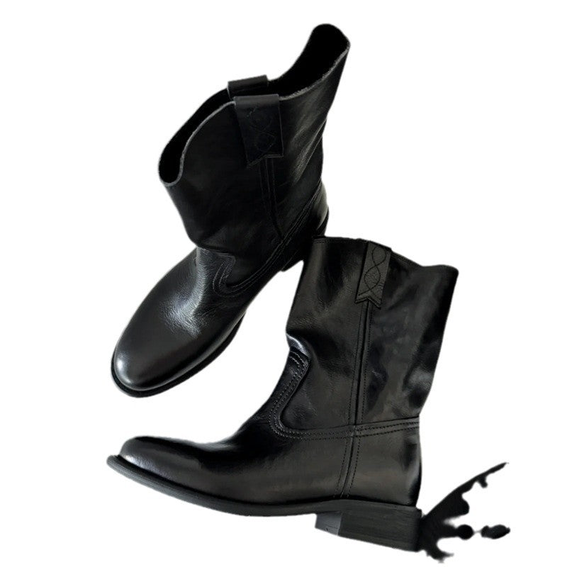 Women's Black Retro Fashion Western Denim Fashionable Chunky Women's Leather Boots