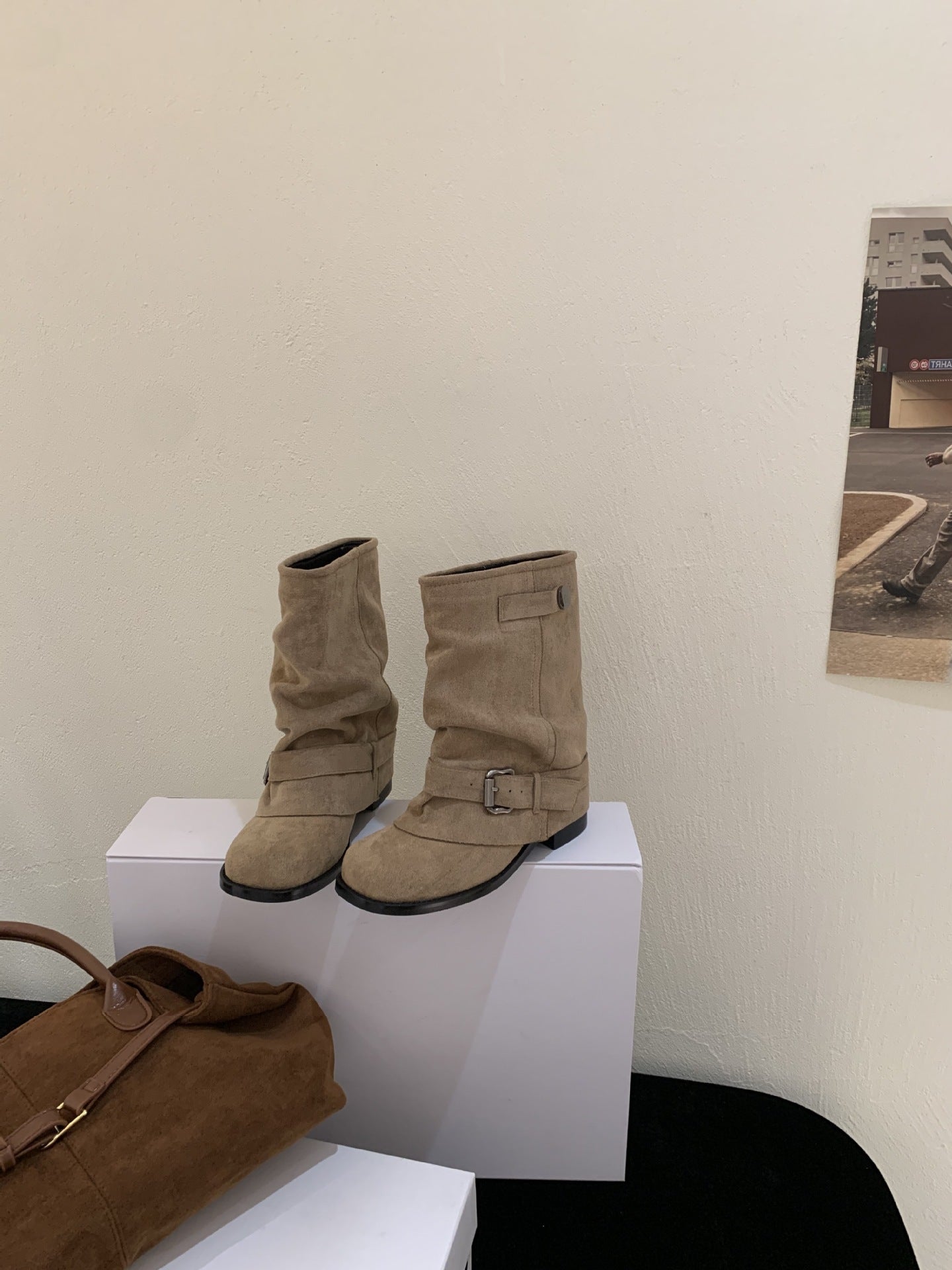 Tax-free Short Pleated Pile Style Wide Women's Leather Boots