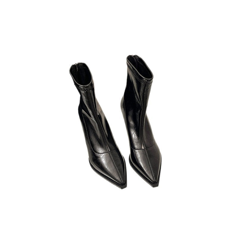 Women's Pointed Simple Solid Color Back Zip Short Women's Leather Boots