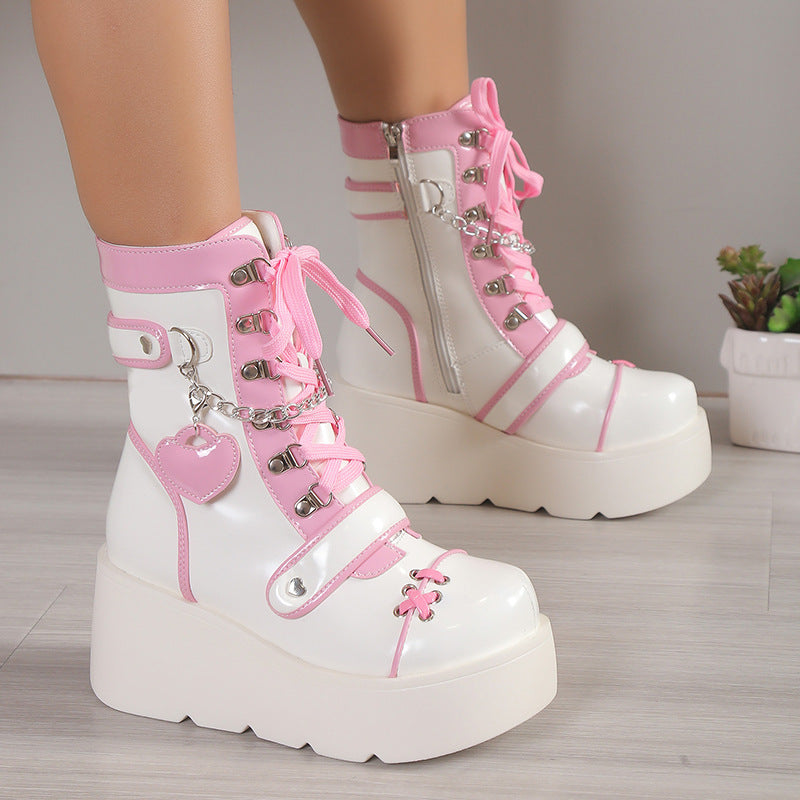 Thick Bottom Punk Motorcycle Platform Middle Women's Leather Boots