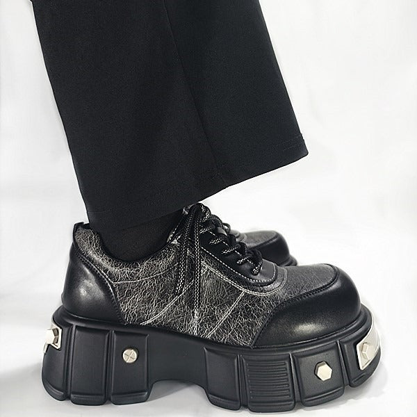 Men's Derby Cowhide Fashion British Black Big Head Height Increasing Niche Leather Shoes