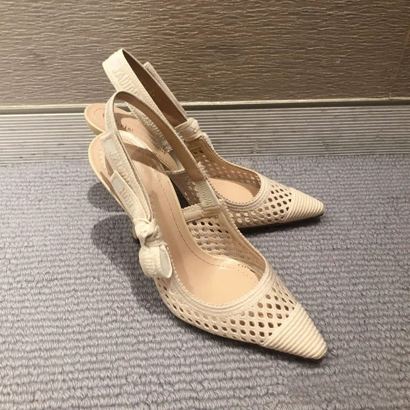 Women's Mesh Bowknot Color Matching Summer Home Sexy Breathable Letter Cat High Heeled Sandals