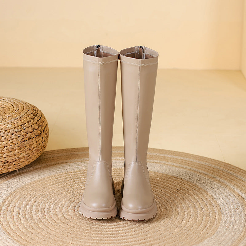 Platform Large Small Size Fleece-lined Below The Knee Fat Widened Women's Leather Boots