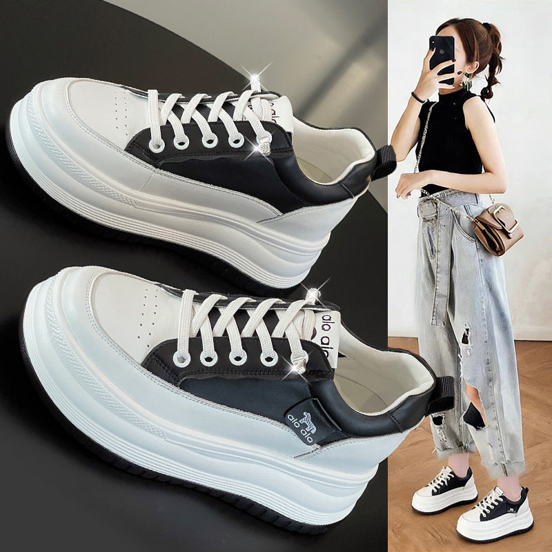 Women's White Spring Genuine Sports Skate Thick-soled Small Women's Casual Shoes