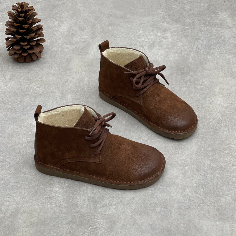 Women's First Layer Cowhide Artistic Crafts Matte Genuine Round Toe Flat Women's Leather Boots