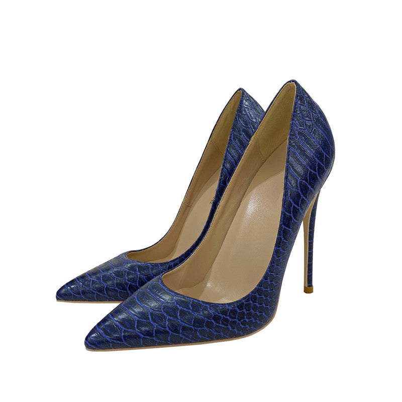 Blue With Snake Texture High Pointed Toe Stiletto Heels