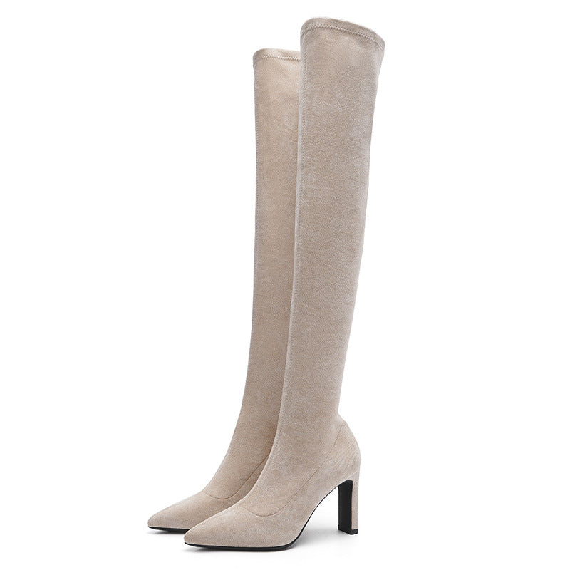 Autumn Apricot High Stretch Pointed Temperament Single Women's Leather Boots