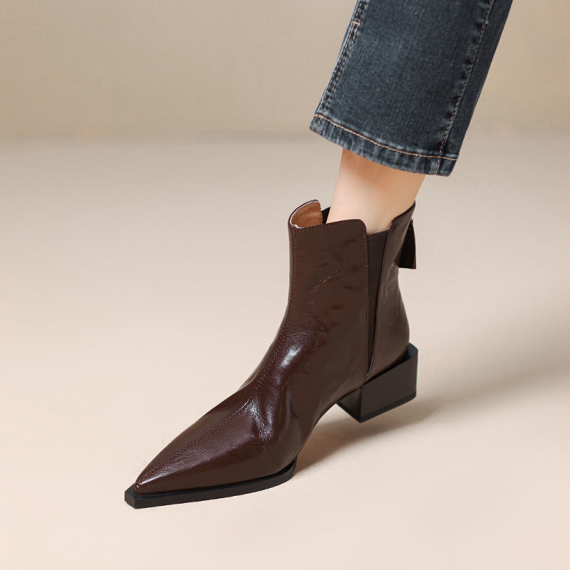 Women's Black Short Thick Thin Retro Martin Women's Leather Boots