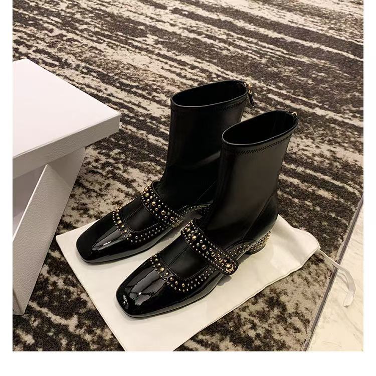 Square Head Riveted Short Knight Tube Thick Thin Ankle Boots