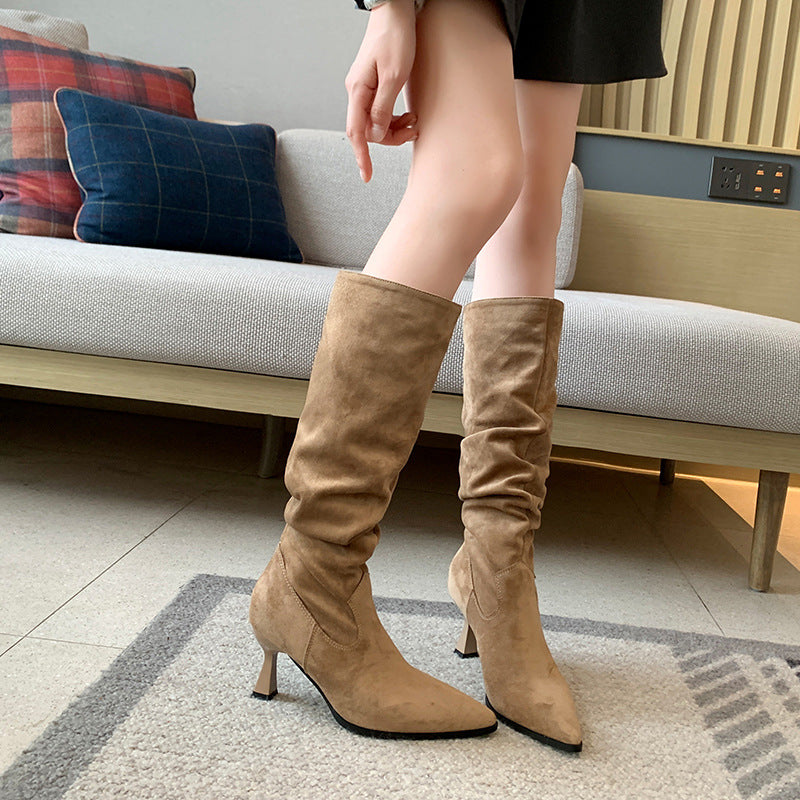 Women's Thick Leg Big Tube Circumference High Pointed Toe Pile Style Heels