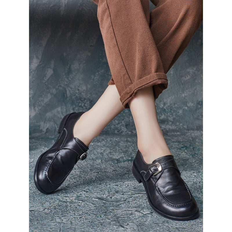 Style Washed Cowhide Round Toe Handmade Adjustable Buckle Fashion Deep Women's Casual Shoes