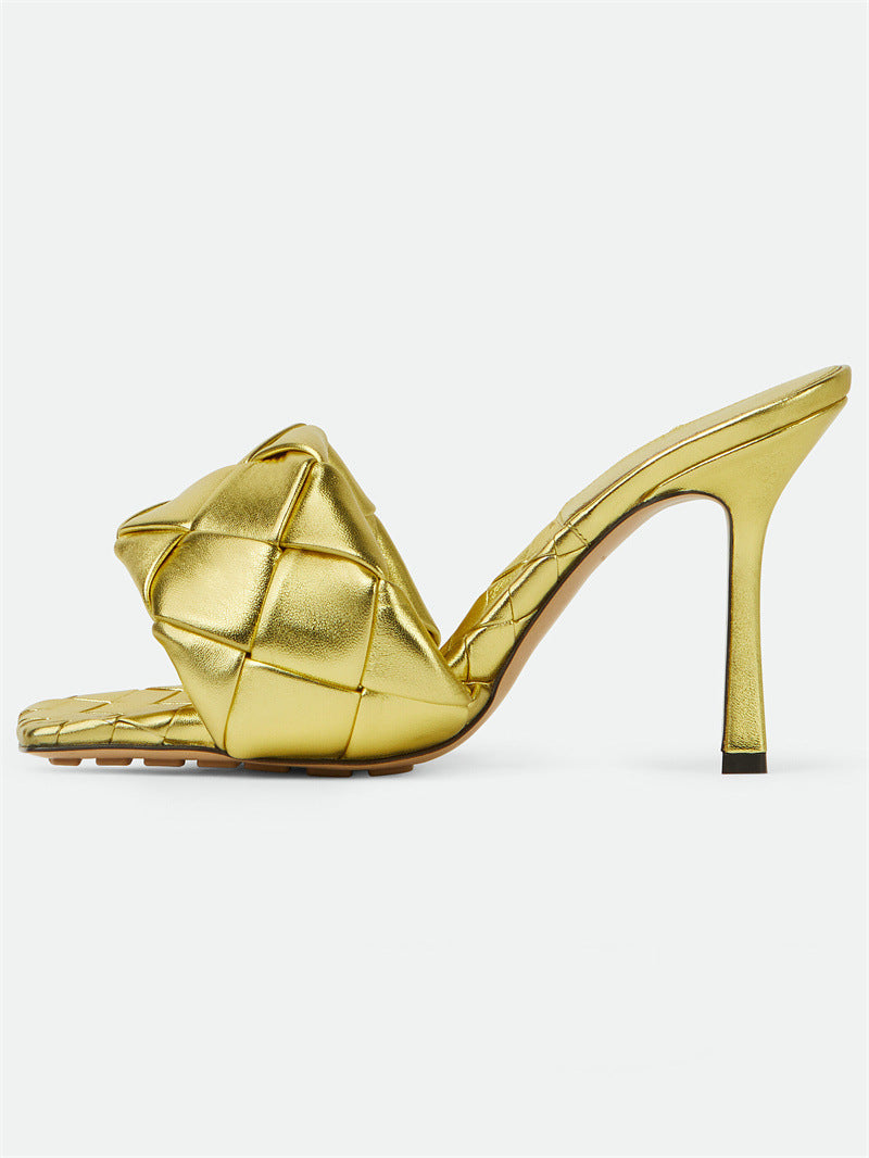 Women's Summer Woven Square Toe Stiletto Large High Heeled Sandals