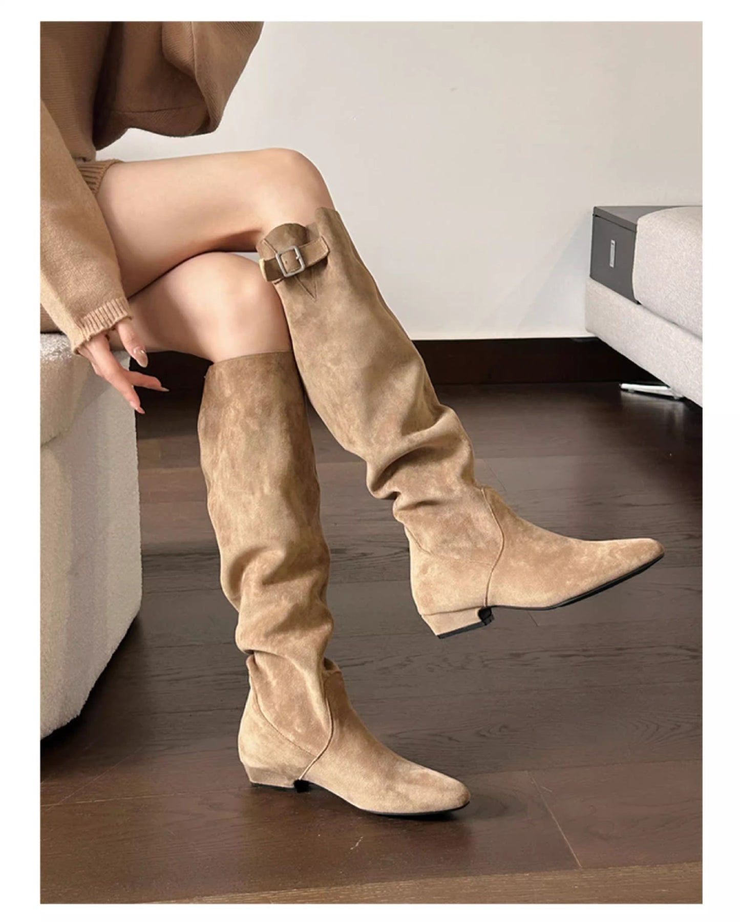 Below The Knee Long Female Suede Elegant Belt Buckle Slimming Heels