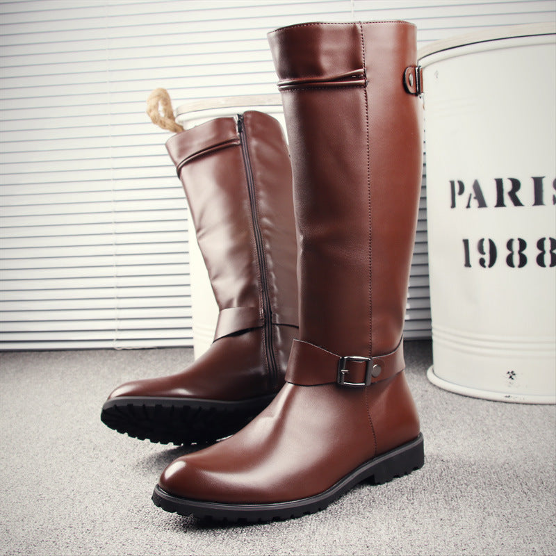 Hair Simple Wellingtons Korean Fashion Zipper High Leg Denim Pointed Men's Leather Boots