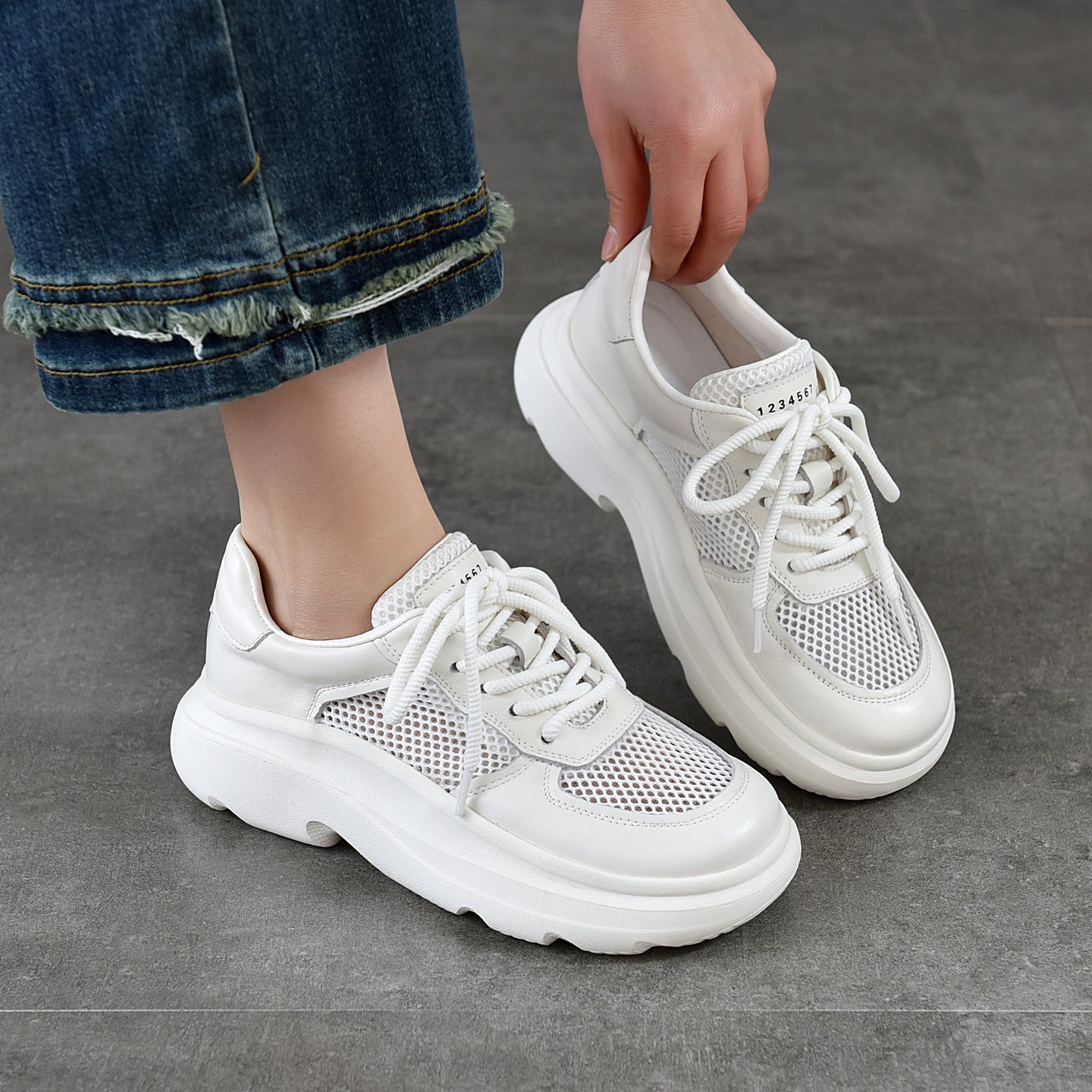 Women's Layer Cowhide Lightweight Platform White Genuine Summer Breathable Sports Casual Shoes