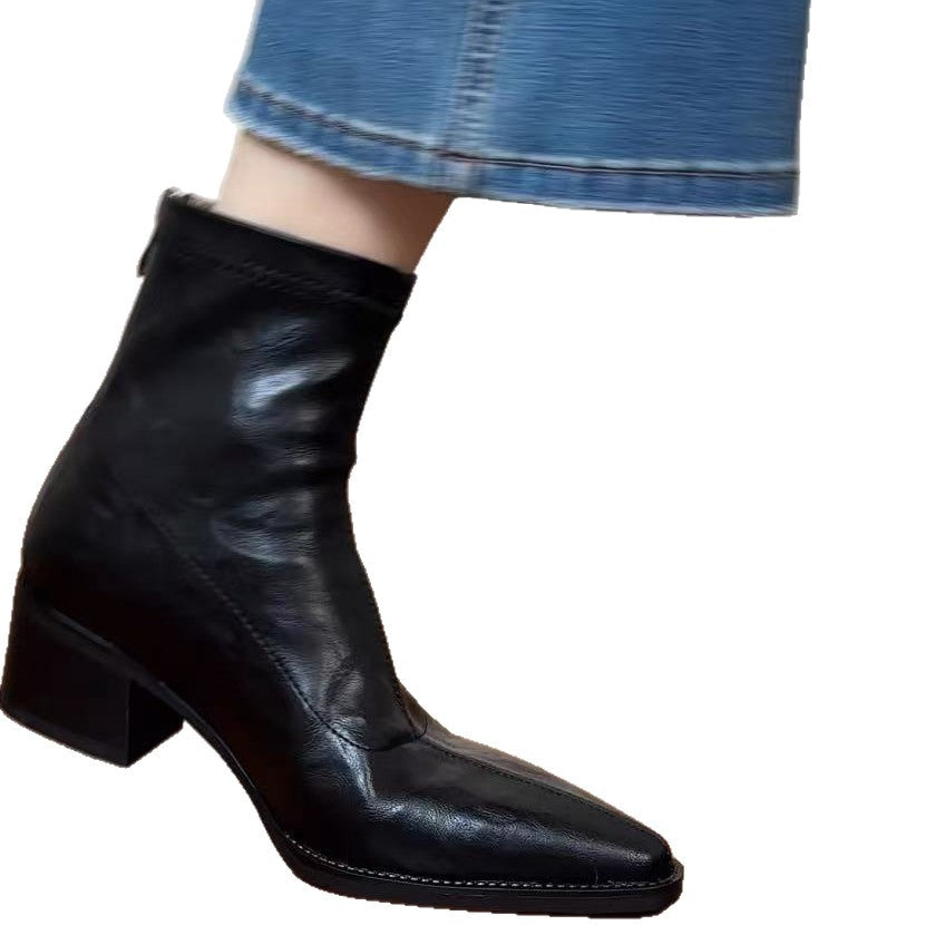 Women's Pointed Toe Chunky Booties Soft Stretch Thin French Commuter High Women's Leather Boots