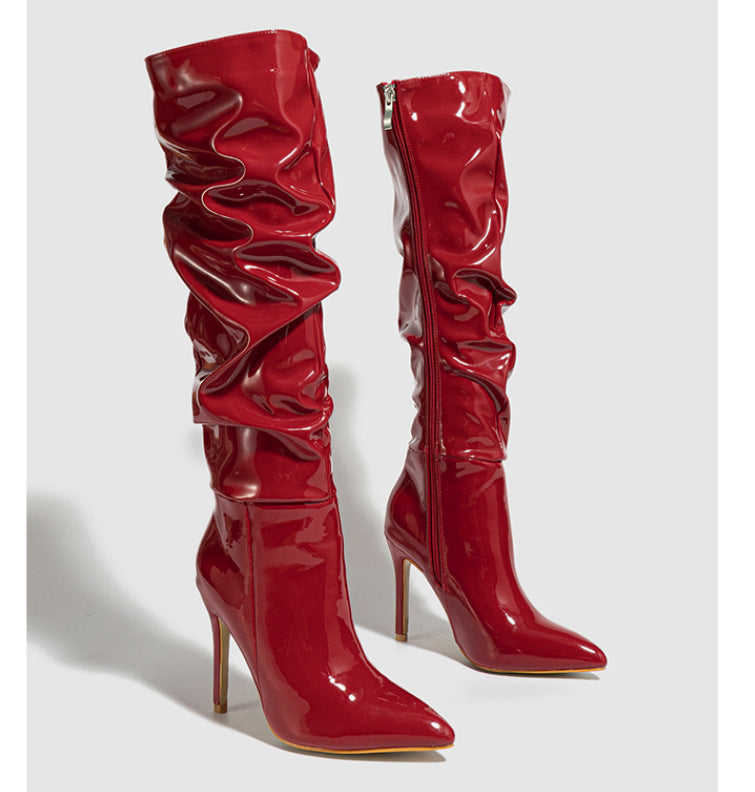 Women's Side Zip Patent Glossy Pleated Women's Leather Boots