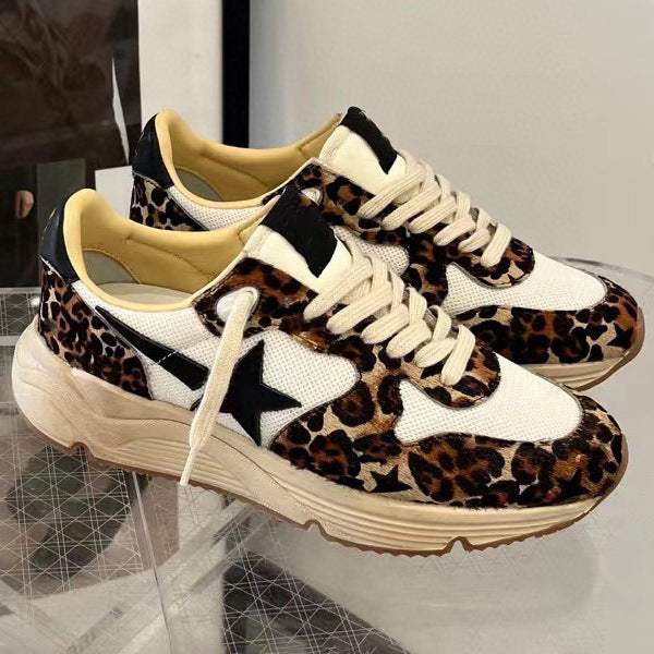 Women's Distressed Star Little Dirty Horse Fur Leopard Print Sequins Dad Sneakers