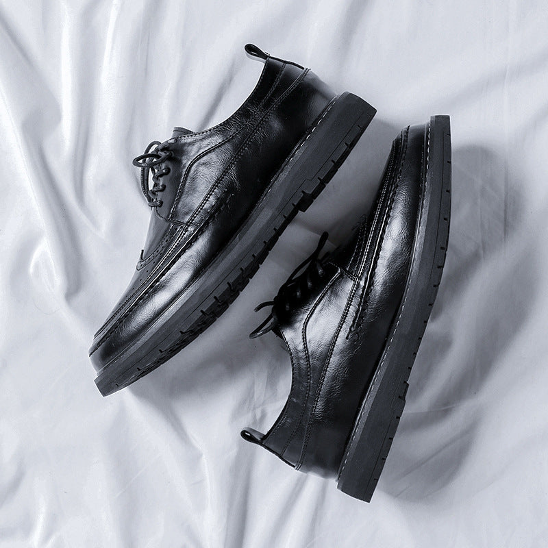 Men's Black Brogue Korean Style Trendy British Leather Shoes