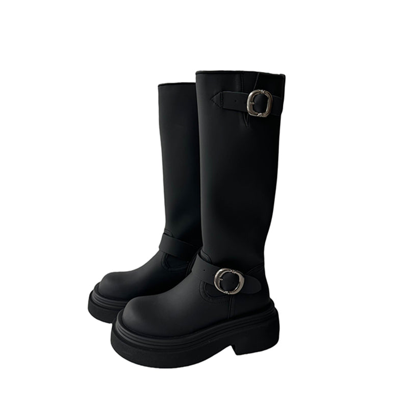 Belt Buckle Below The Knee Female Round Toe Thick Bottom Boots