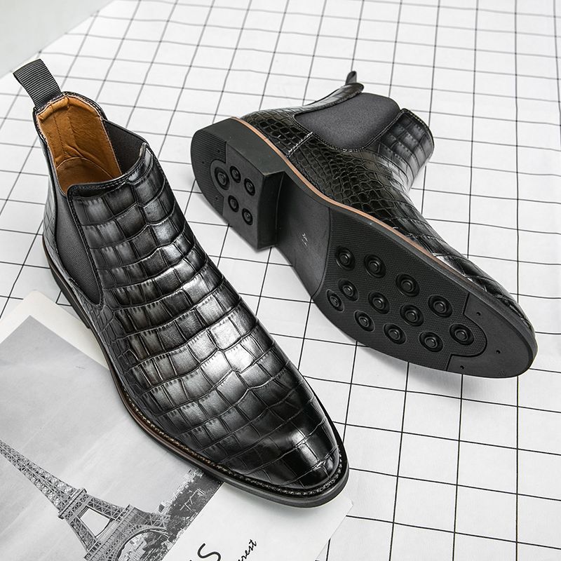 Men's Chelsea Pointed British Crocodile Pattern Ankle Fleece-lined Boots