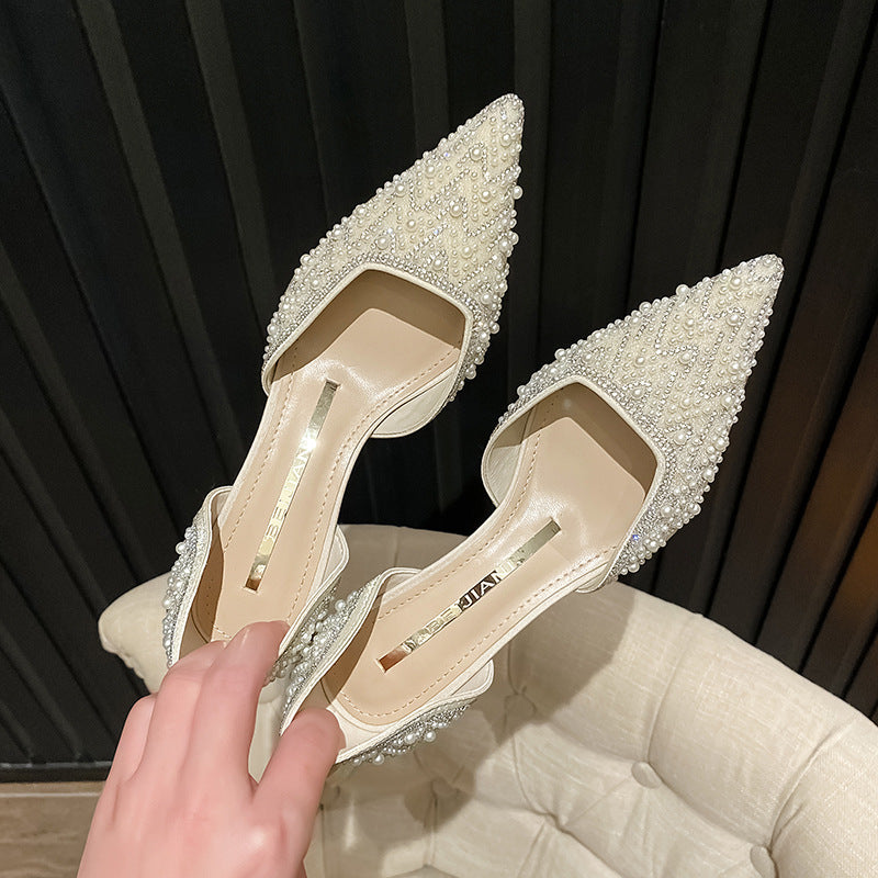 Women's Pearl Wedding Bridesmaid High Mid Banquet Shallow Heels