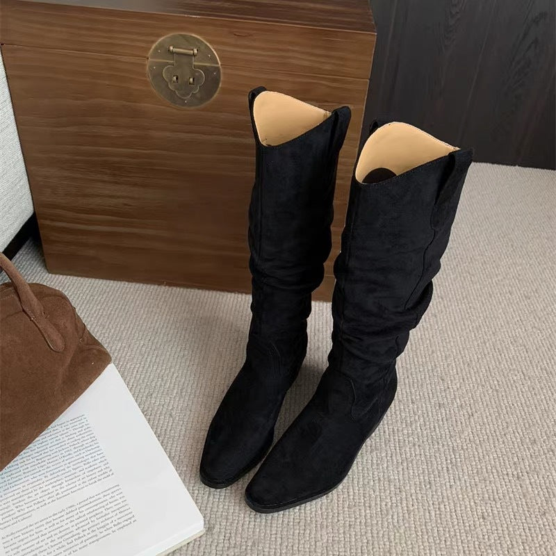 Women's Cowhide Version Retro V Mouth Height Increasing Pile Style Small Women's Leather Boots