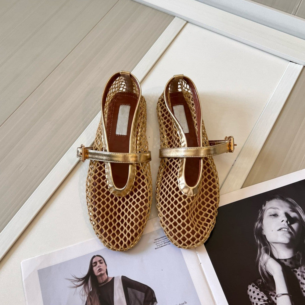 Mary Jane Mesh Breathable Buckle Ballet Full Diamond Hole Slippers