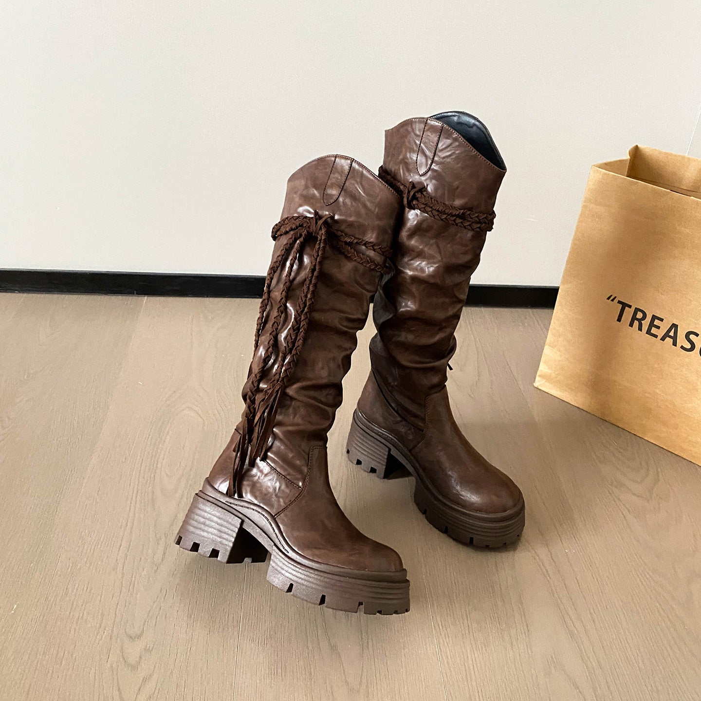 Autumn Tassel High Leg Chunky Platform Below The Knee Slimming Women's Leather Boots