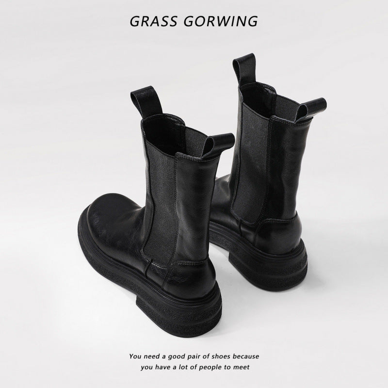 Women's British Style Chelsea Fleece-lined Mid Pleated Smoke Pipe Women's Leather Boots
