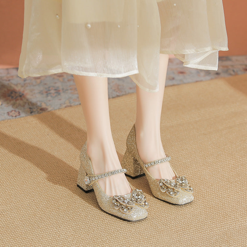 Women's Toe High High-grade Shining Rhinestone Mary Jane Elegant Chunky Women's Fashion Shoes
