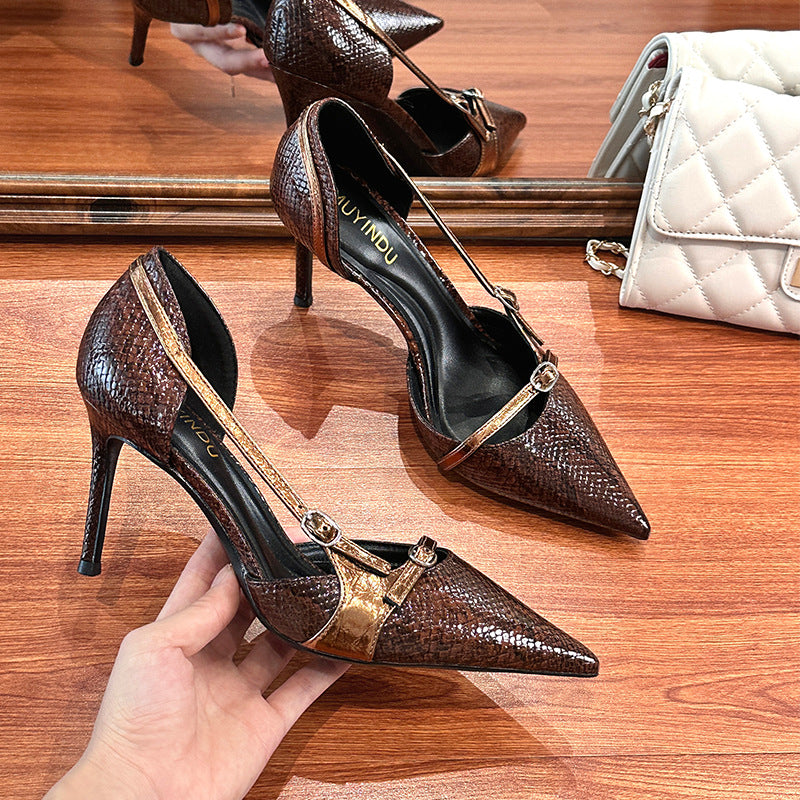Women's Retro Hollow Snakeskin Pattern High Sexy Pointed Toe Stiletto Women's Fashion Shoes