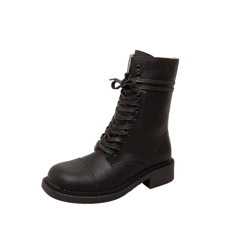 Women's French Past British Style Carving Round Toe Side Zipper Versatile Boots