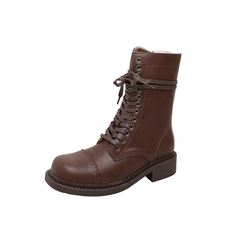 Cowhide Motorcycle Fashionable Fine Belt Buckle Retro Chunky Thigh High Women's Leather Boots