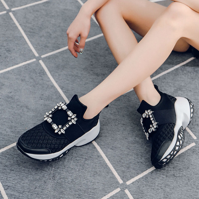 Women's Rhinestone Square Buckle Platform Dad Mesh Height Increasing Sports Casual Shoes