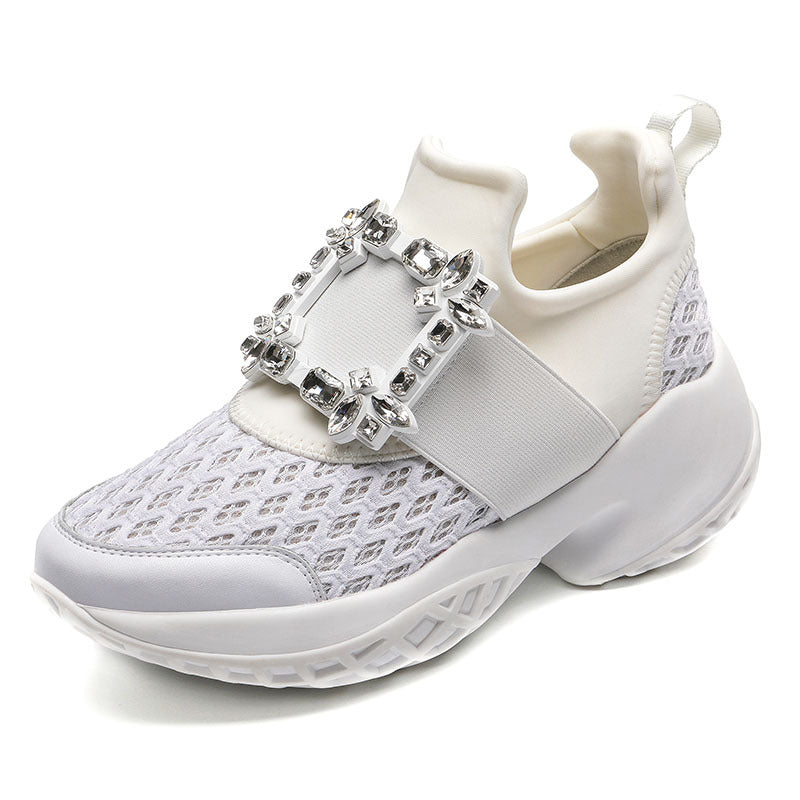 Women's Rhinestone Square Buckle Platform Dad Mesh Height Increasing Sports Casual Shoes