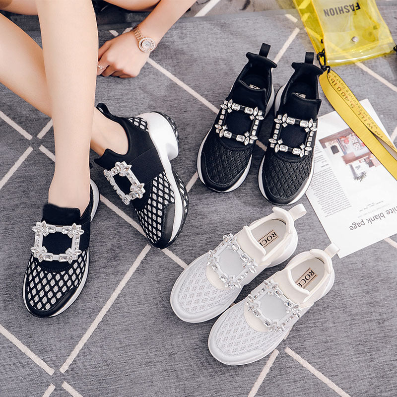 Women's Rhinestone Square Buckle Platform Dad Mesh Height Increasing Sports Casual Shoes