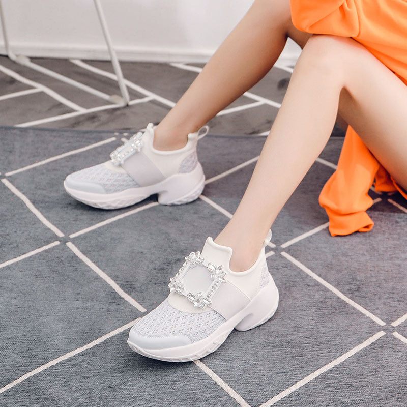 Women's Rhinestone Square Buckle Platform Dad Mesh Height Increasing Sports Casual Shoes