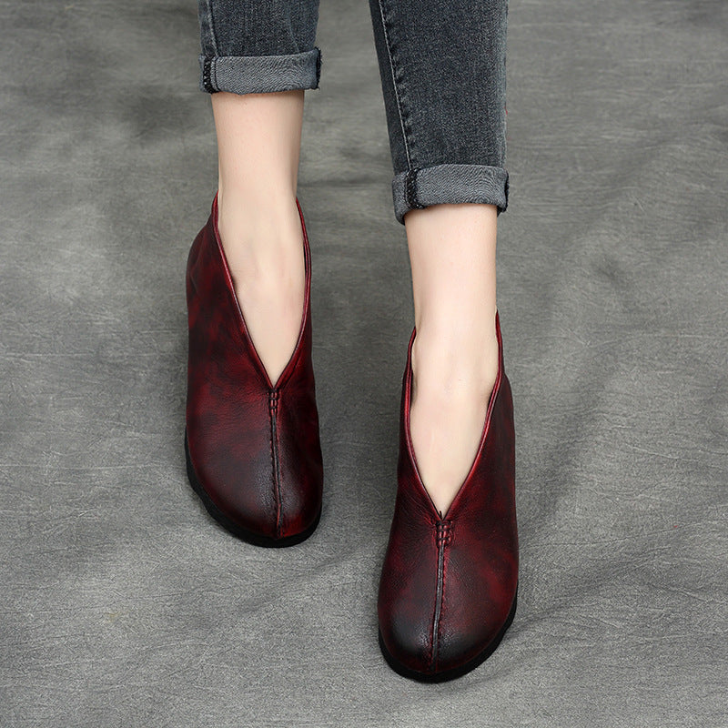 Women's Spring Retro Flat Cowhide Ankle Soft Heels