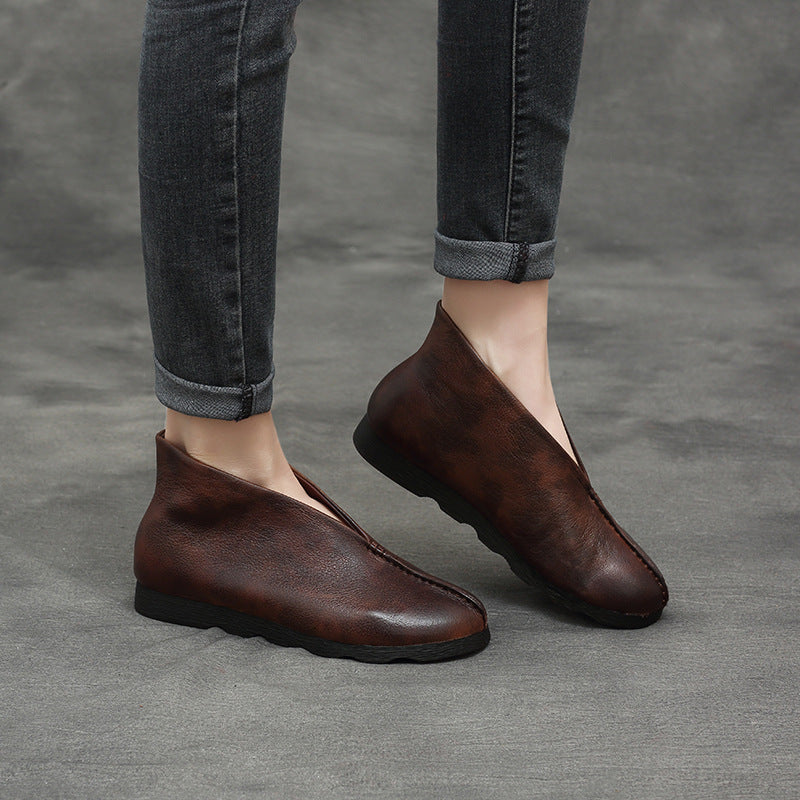 Women's Spring Retro Flat Cowhide Ankle Soft Heels