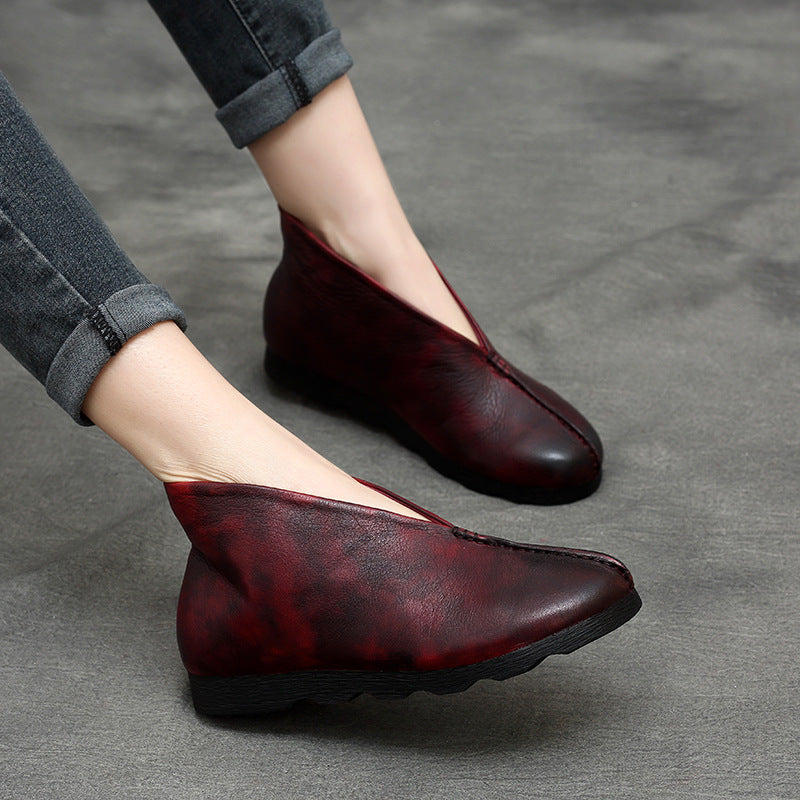 Women's Spring Retro Flat Cowhide Ankle Soft Heels