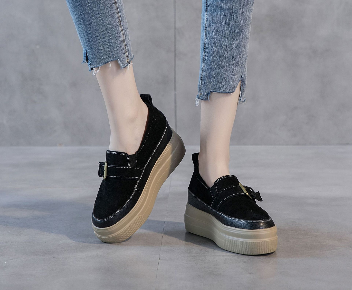 Women's Muffin Bottom Thick Spring Small Size Genuine Black Casual Shoes