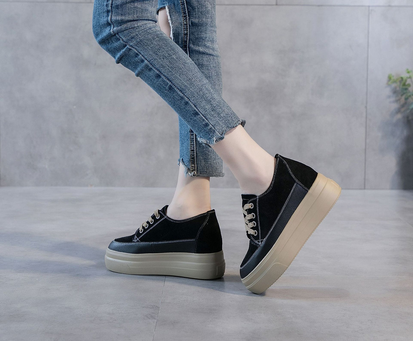 Women's Thick Spring Small Size Genuine Black Women's Casual Shoes
