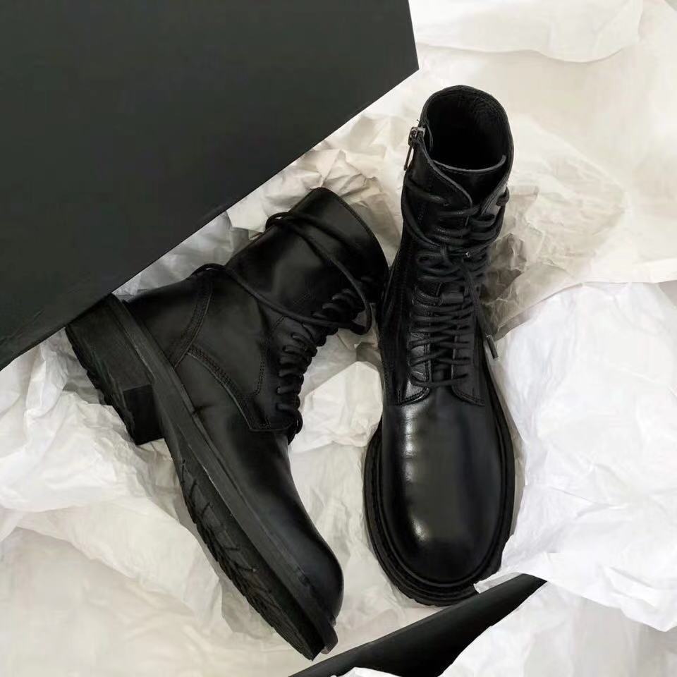 Women's Style Black Tie Chunky Ankle Motorcycle Women's Leather Boots