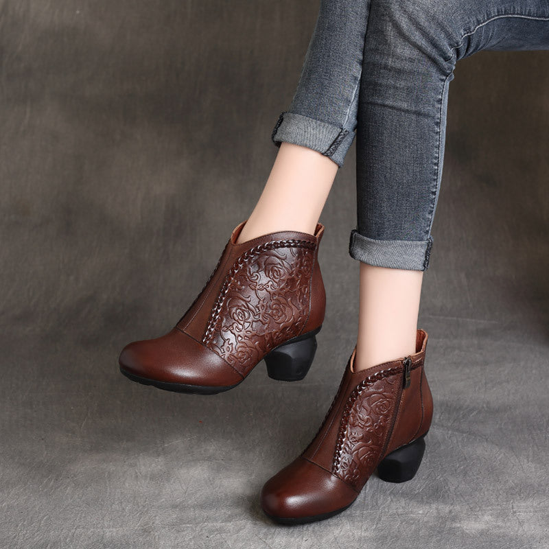 Retro Cowhide Comfortable With Chunky Mid Knight Embossed Women's Leather Boots