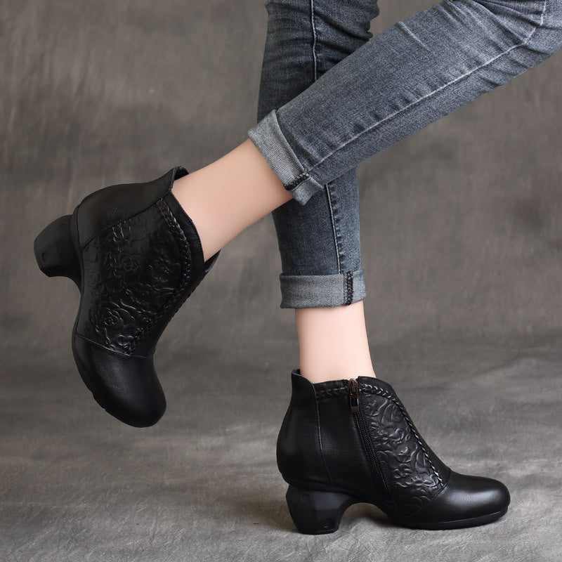 Retro Cowhide Comfortable With Chunky Mid Knight Embossed Women's Leather Boots