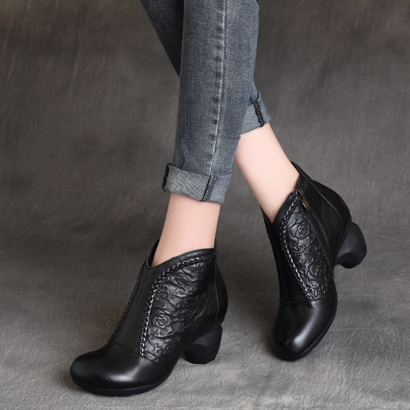 Retro Cowhide Comfortable With Chunky Mid Knight Embossed Women's Leather Boots