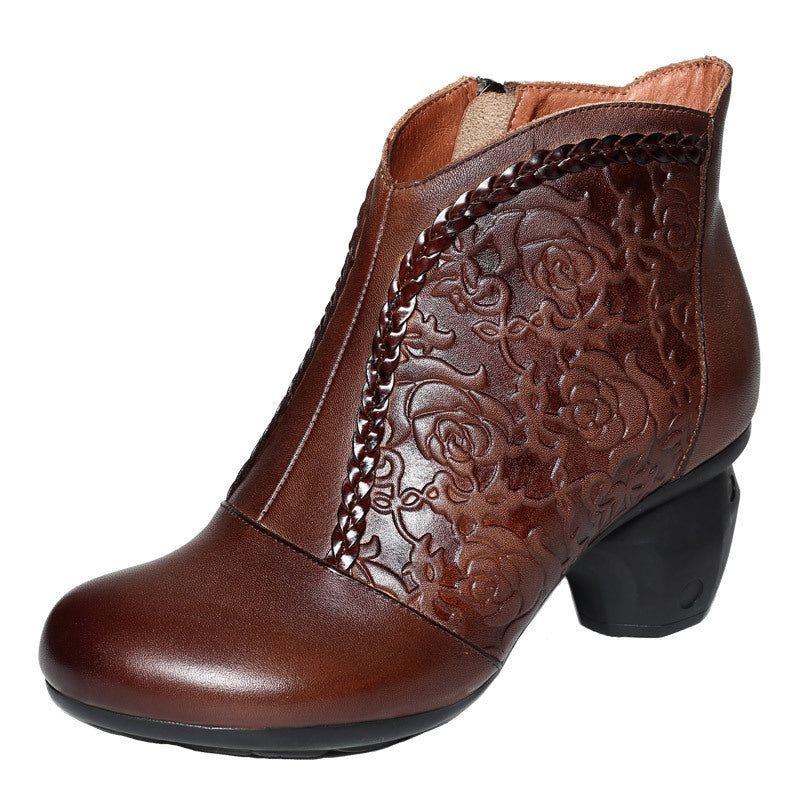 Retro Cowhide Comfortable With Chunky Mid Knight Embossed Women's Leather Boots