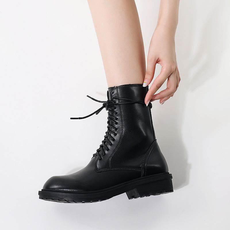 Women's Style Black Tie Chunky Ankle Motorcycle Women's Leather Boots