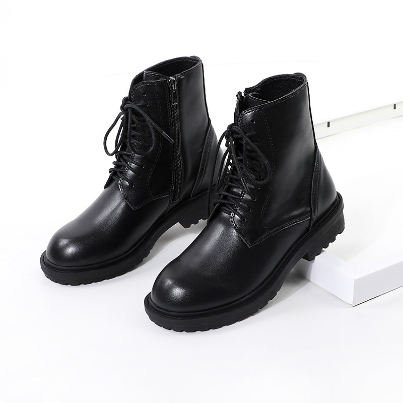 Women's Style Black Tie Chunky Ankle Motorcycle Women's Leather Boots